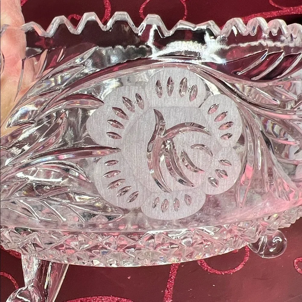 Vintage Cut Crystal Glass Footed Bowl Etched Flower on Sides Very Heavy
